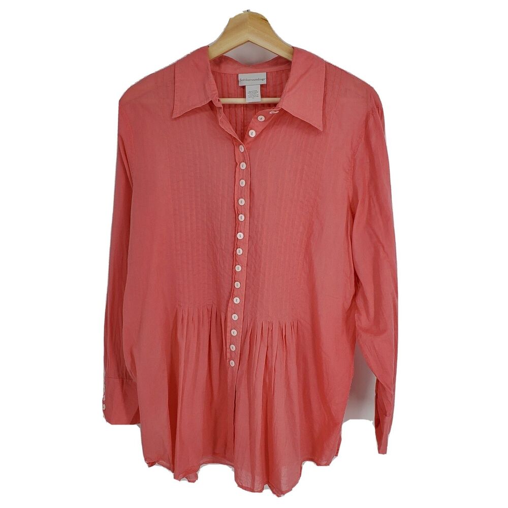 Soft Surroundings Womens Button Front Pintuck Pleat Tunic Top Coral Pint Size PL